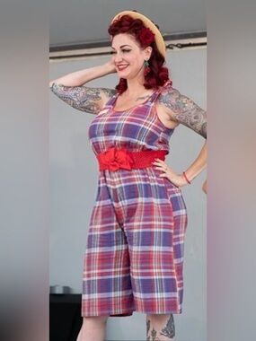 Vintage Plaid Tie-Shoulder Jumpsuit in Red, Purple, White Plaid